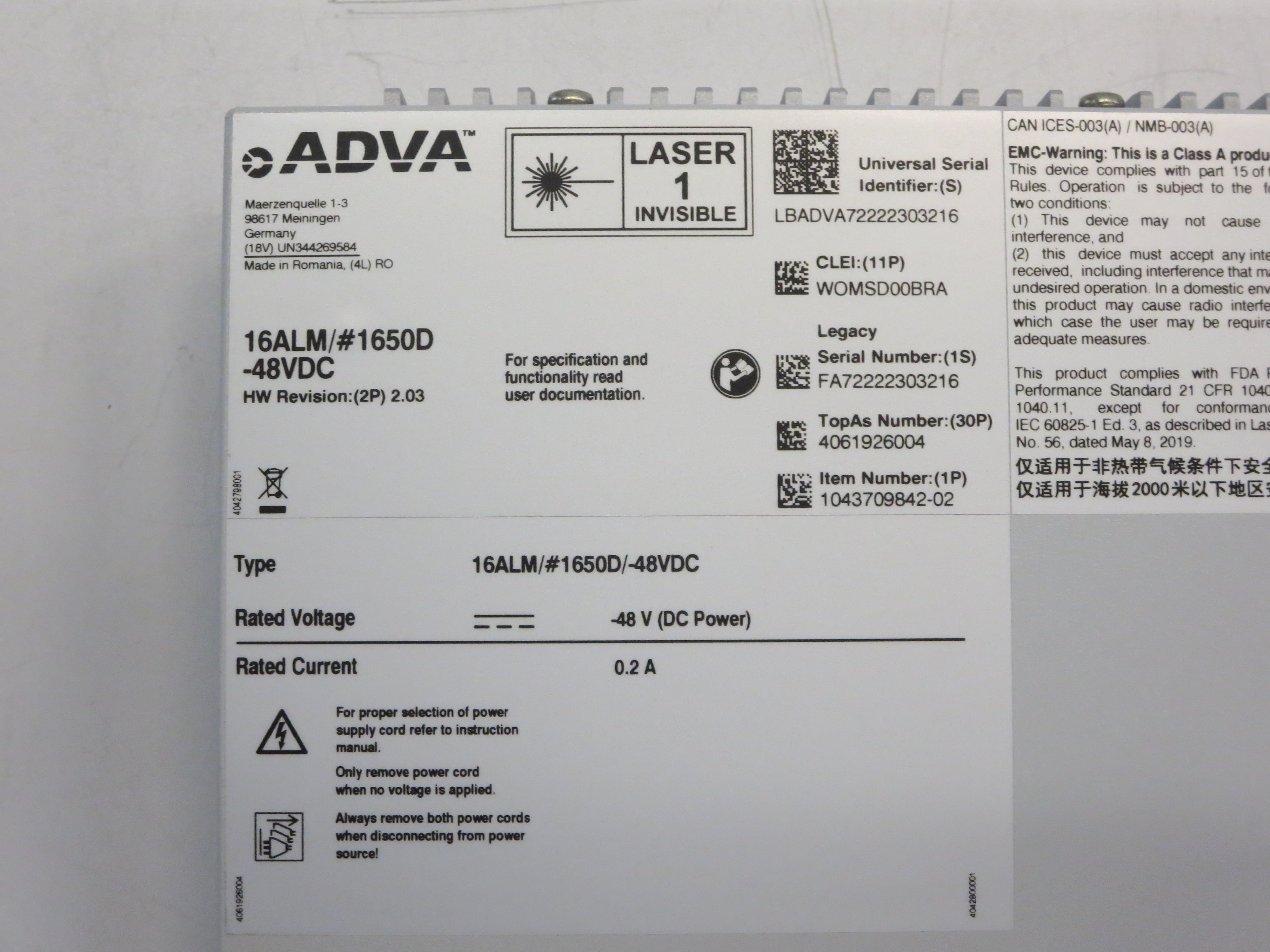 ALARM 16 ports with LC/APC connector. -48V DC powered