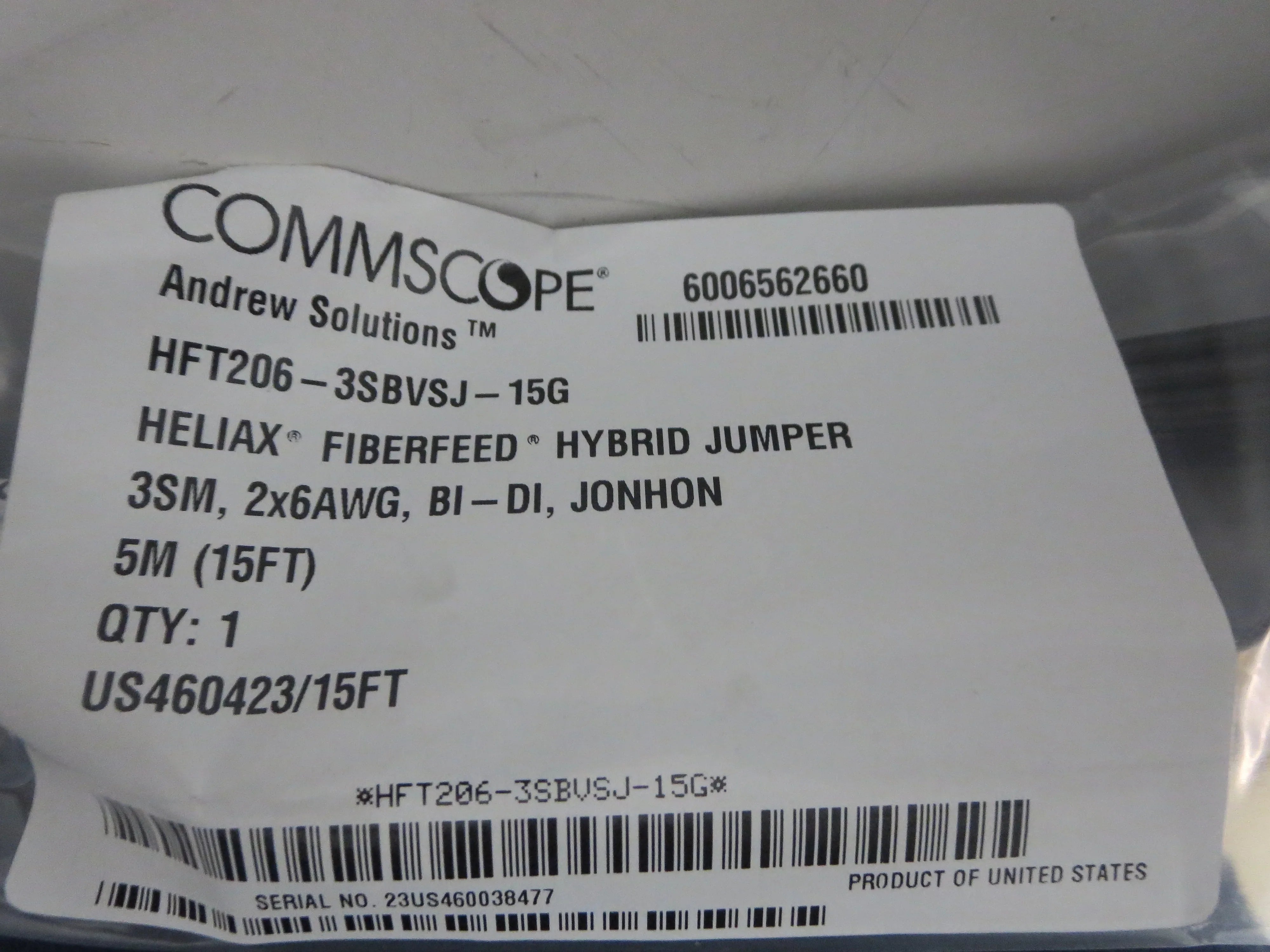 HELIAX FIBERFEED HYBRID JUMPER 3SM 2x6AWG BI-DI JONHON ADAPTER 5M