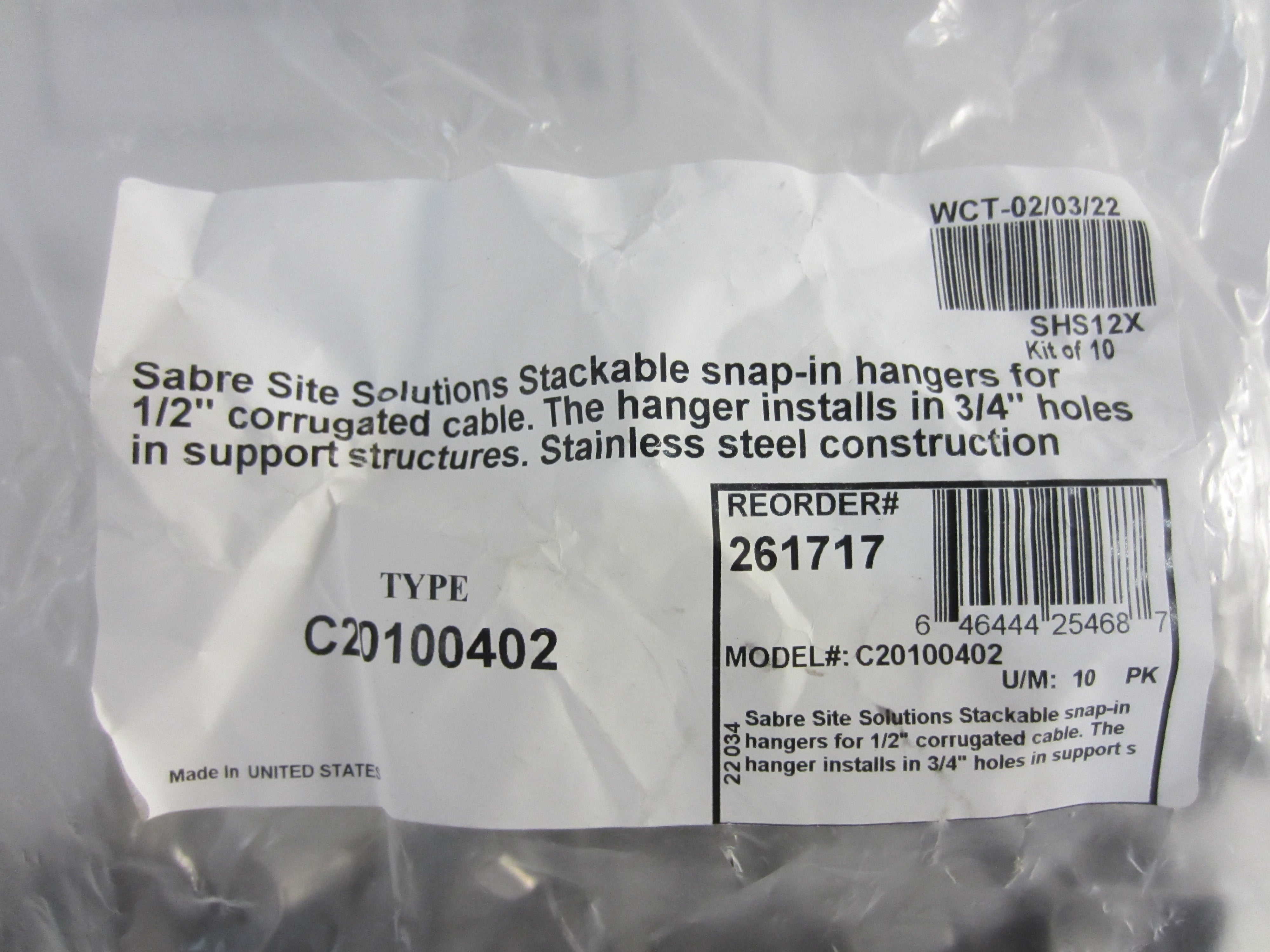 STACKABLES SNAP-IN HANGERS FOR 1/2" CORRUGATED CABLE. THE HANGER INSTALLS IN 3/4" HOLES IN SUPPORT STRUCTURES. 10 PER BG