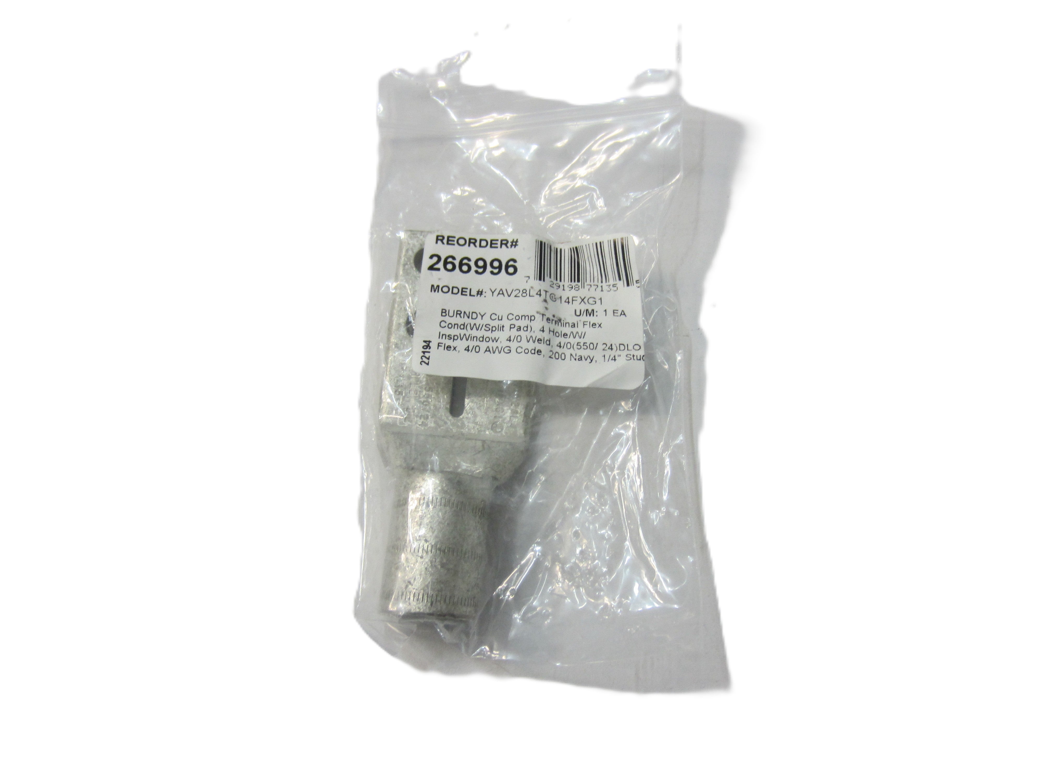 Cu Compression, 4-Hole Split Pad, 1/4" Stud, 5/8" Spacing, Standard Barrel, 4/0 Flex