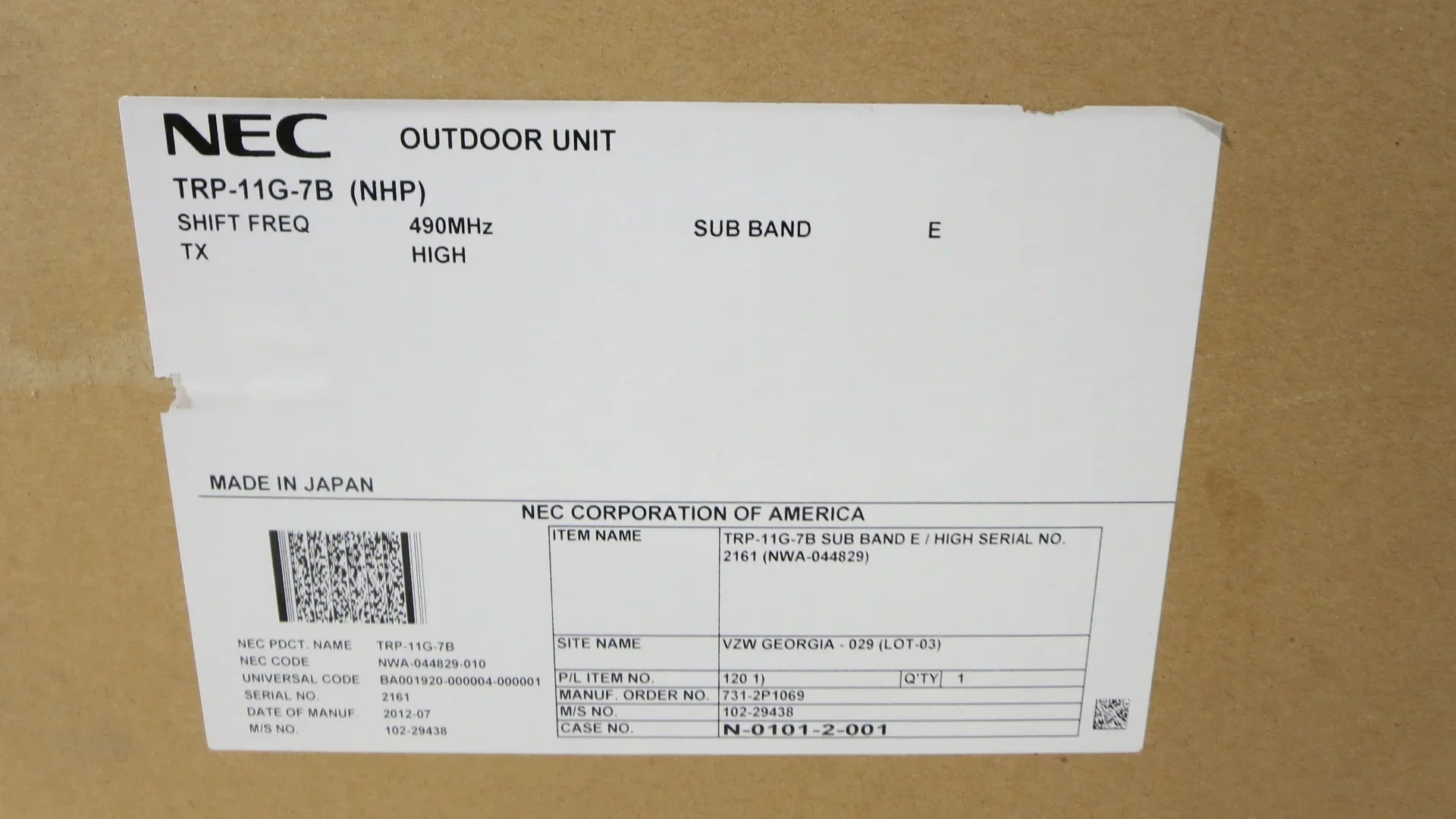 NEC NLite N ODU, 11 GHz, TRP-11G-7B, SUB-BAND E HIGH, 490 M