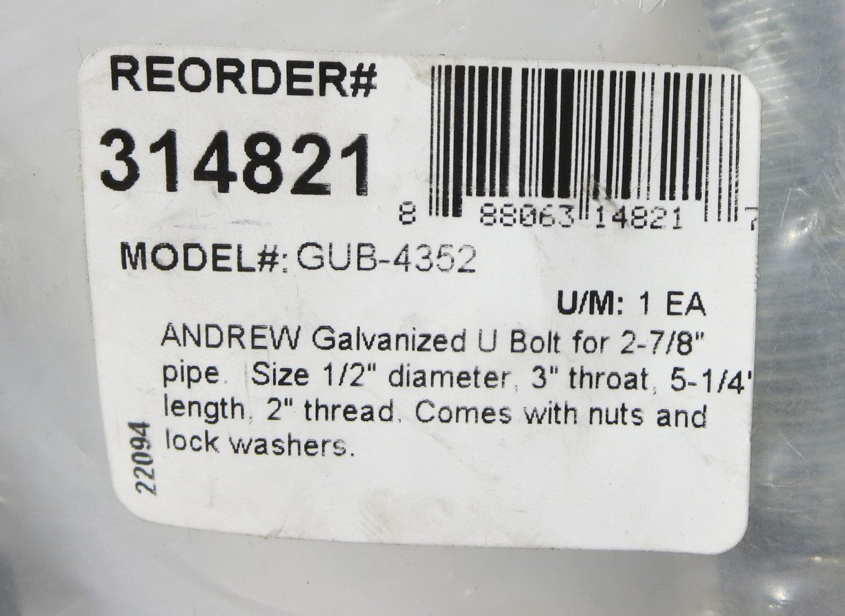 Galvanized U-bolt Assembly, 1/2 in x 3 in x 5-1/4 in