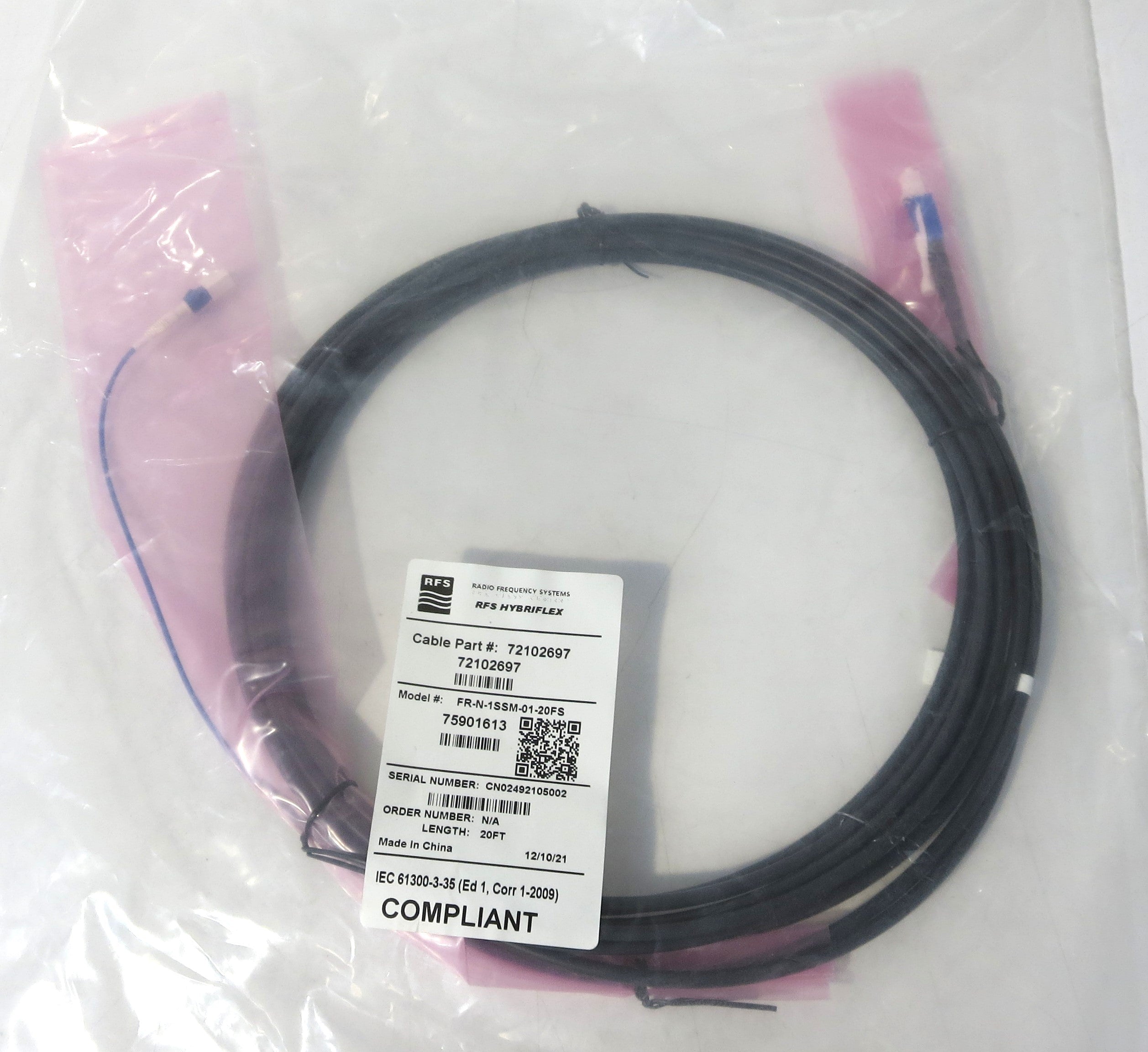 HYBRIFLEX® RRH Optical Fiber Cable, 1 Pair, Ruggedized Bend-Insensitive Single-Mode Fiber, DLC to Elongated DLC Clip, 20 ft