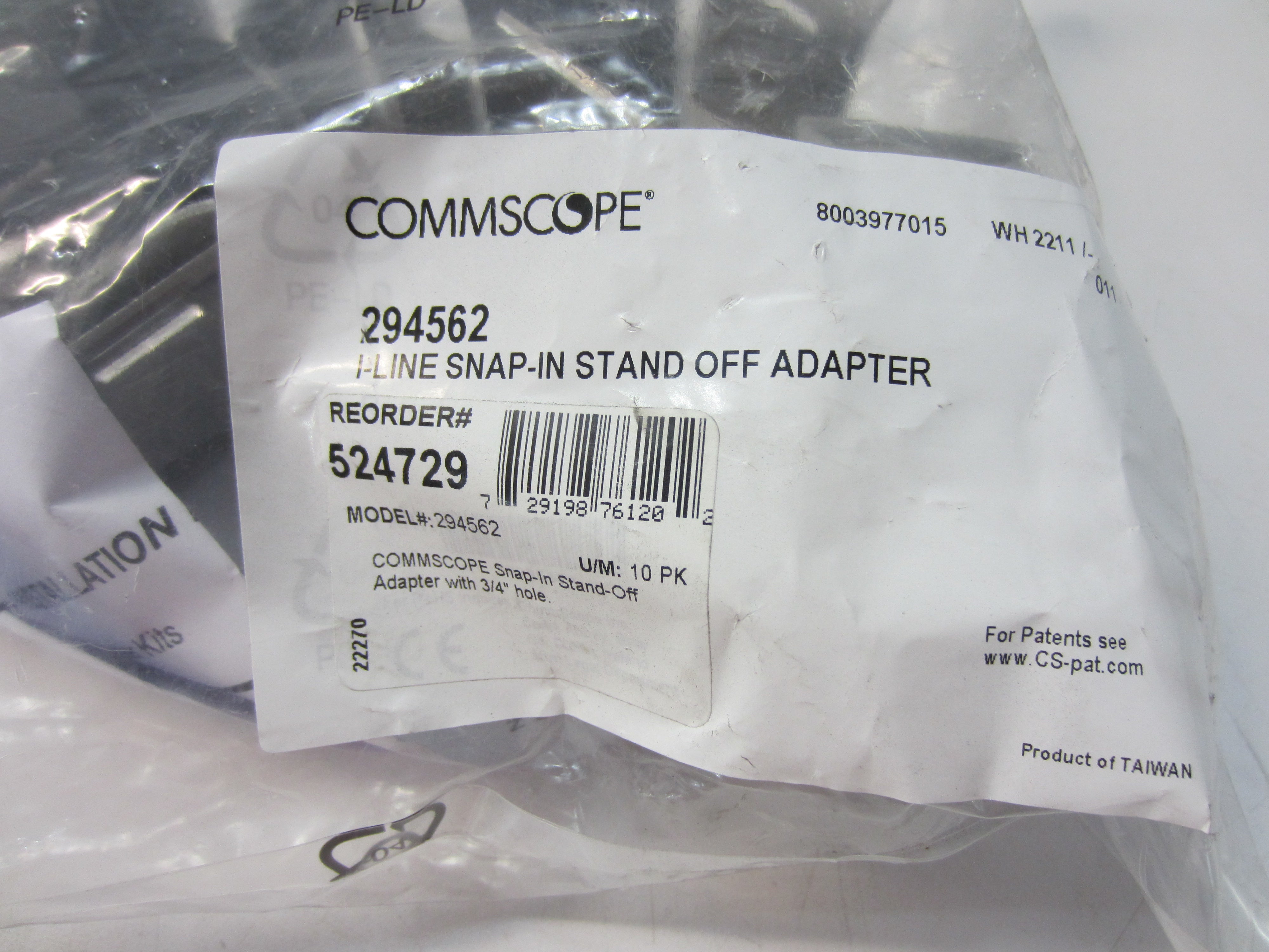 SNAP-IN STANDOFF ADAPTOR WITH 3/4" HOLE. (KIT OF TEN)